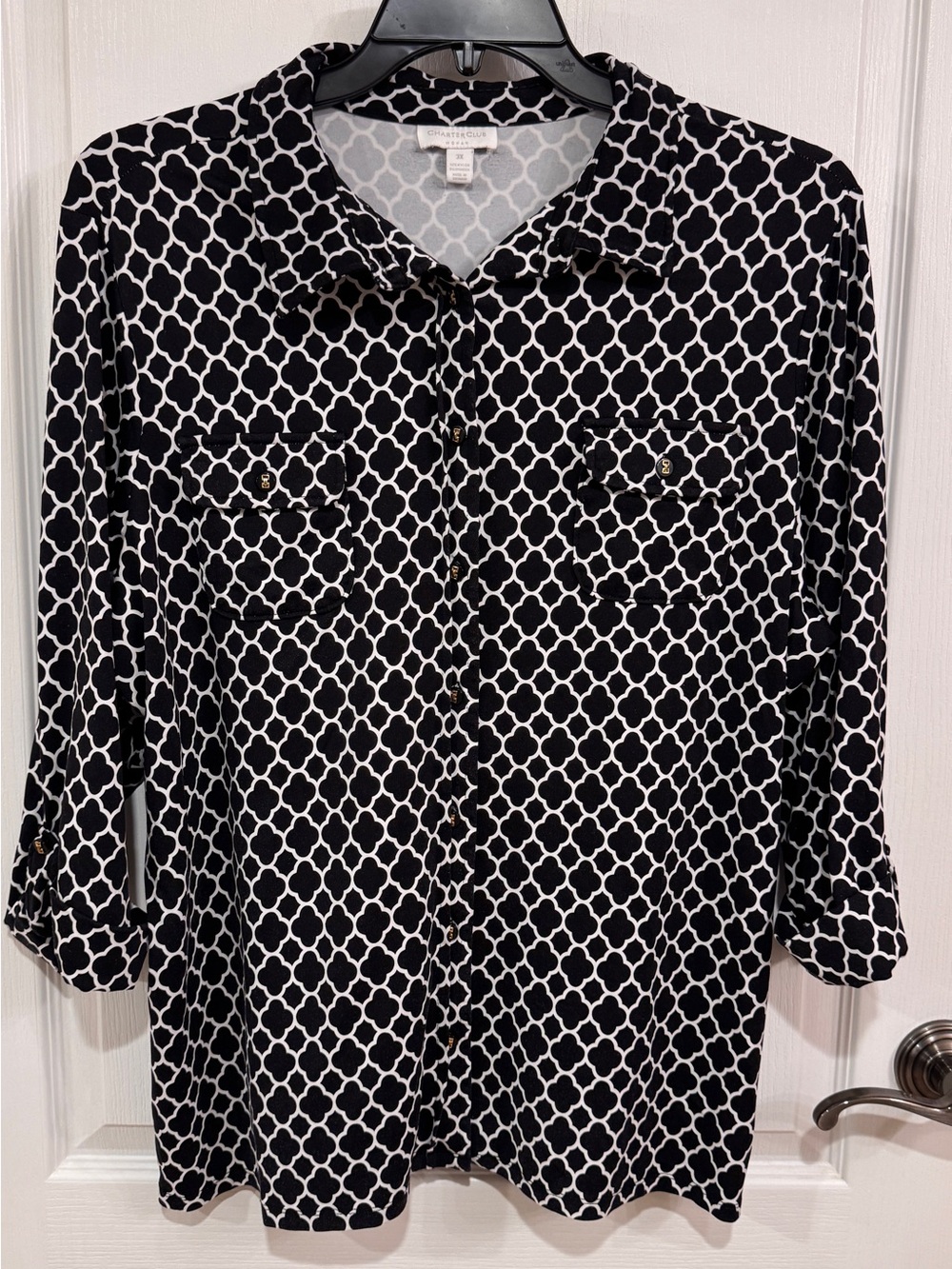 Charter Club Black and White Lattice Button-Down Blouse